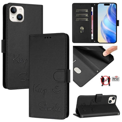 Smile Leather Card-Holder Phone Case For Everyday Card Organization black embossed leather wallet case with 3 card slots RFID blocking and kickstand