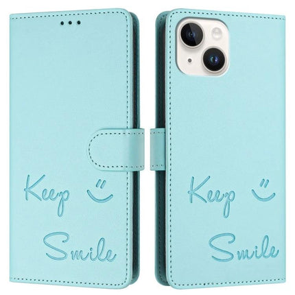 Smile Embossing Leather Case for Card and Phone Storage in light blue showing card slots, RFID blocker and phone camera cutout