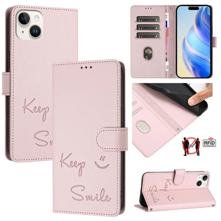 Smile Embossing Leather Case for Card and Phone Storage in pink with RFID blocker, card slots, cash pocket and magnetic closure