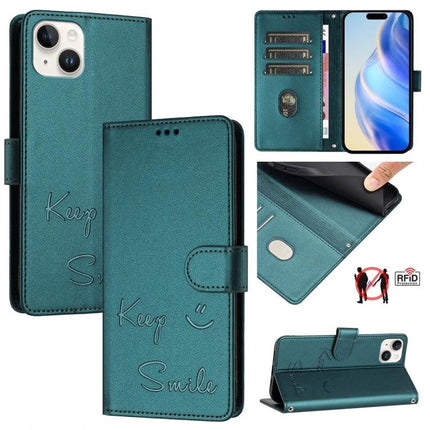 Smile Embossing Leather Case for Card and Phone Storage teal wallet-style phone case with RFID blocking and card slots