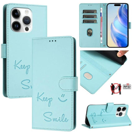 Smile Embossing Leather Case for Card and Phone Storage in mint blue with RFID blocking, card slots, and kickstand