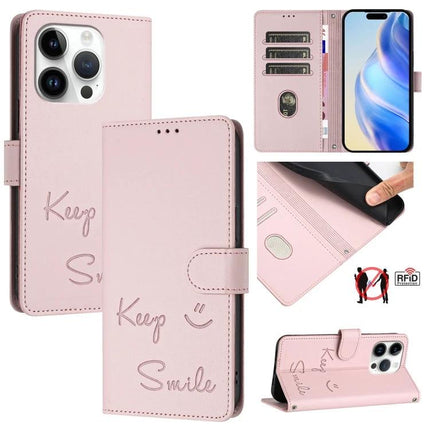 Smile Embossing Leather Case for Card and Phone Storage in pink wallet style with card slots, RFID blocker and phone stand