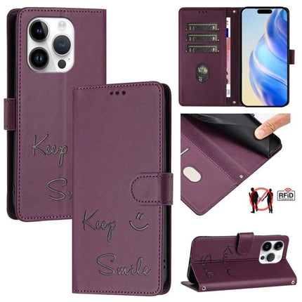 Smile Embossing Leather Case for Card and Phone Storage - purple PU leather wallet with RFID blocker and card slots