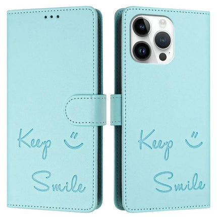Smile Embossing Leather Card Case For Everyday Use – full-grain leather teal wallet phone case with smile embossing, card slots and secure magnetic closure