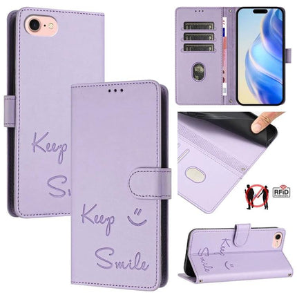 Smile Embossing Leather Card Case For Everyday Use - lavender full-grain leather wallet phone case with embossed "Keep Smile", card slots, RFID protection