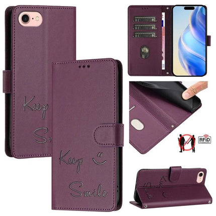 Smile Embossing Leather Card Case For Everyday Use - full-grain purple wallet phone case with card slots, cash pocket and RFID protection