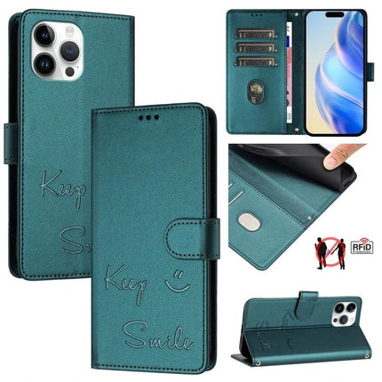 Smile Embossing Leather Card Case For Everyday Use - teal full-grain leather wallet phone case with embossed smile, card slots and RFID protection