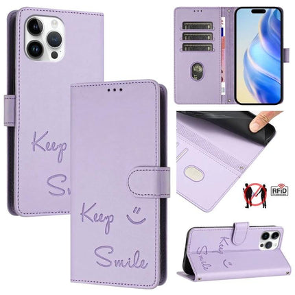Smile Embossing Leather Card Case For Everyday Use - lilac full-grain leather wallet phone case with card slots, cash pocket, RFID protection