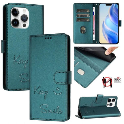Smile Embossing Leather Card Case For Everyday Use - teal full-grain leather wallet phone case with embedded smile embossing, card slots, cash pocket, RFID protection