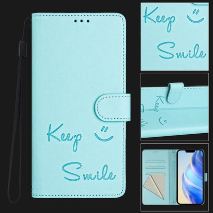 Smile Embossed Leather Phone Case With Card Slots For Daily Carry – turquoise PU leather wallet case with Keep Smile embossing and kickstand