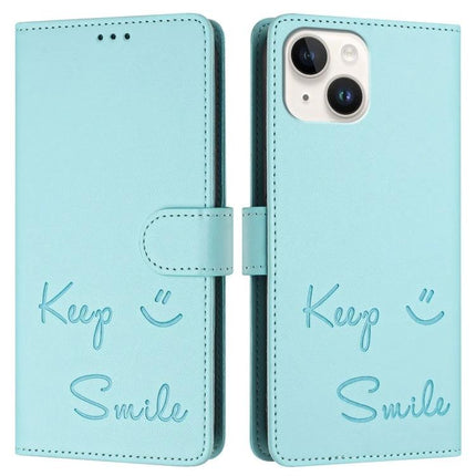 Smile Embossed Leather Phone Case With Card Slots For Daily Carry - turquoise folio wallet case with embossed smile design, card slots, kickstand