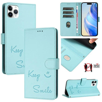 Smile Leather Case for Daily Phone and Card Storage - mint PU leather folio with card slots, cash pocket, magnetic clasp and TPU phone shell