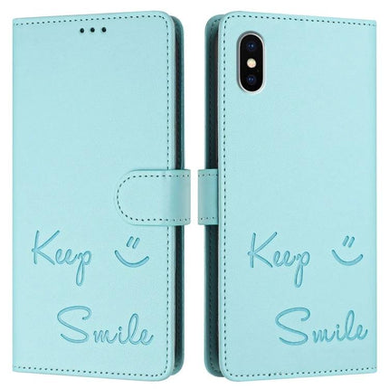 Smile Embossing Leather Phone Case For Everyday Essentials - teal wallet case with smile embossing, card slots, RFID blocking and kickstand