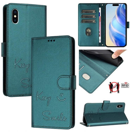 Smile Embossing Leather Phone Case For Everyday Essentials teal wallet case with card slots, RFID blocking, kickstand and embossed Keep Smile design