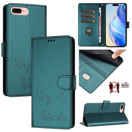 Smile Embossing Leather Phone Case For Everyday Essentials teal wallet phone case with card slots, RFID blocking, kickstand and embossed smile design