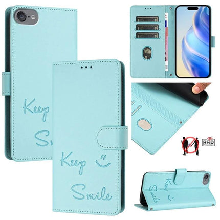 Smile Leather Case for Daily Phone and Card Storage in mint blue PU leather with card slots, cash pocket and magnetic wallet folio