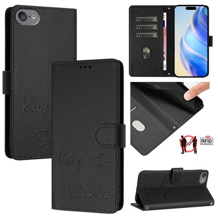 Smile Leather Case for Daily Phone and Card Storage - black PU leather wallet case with card slots, cash pocket, RFID protection and phone stand