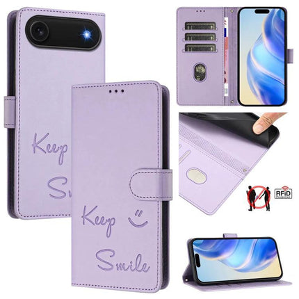 Smile Embossing Leather Case For Card And Cash Storage lavender folio with embossed Keep Smile, three card slots, cash pocket, phone stand and RFID protection