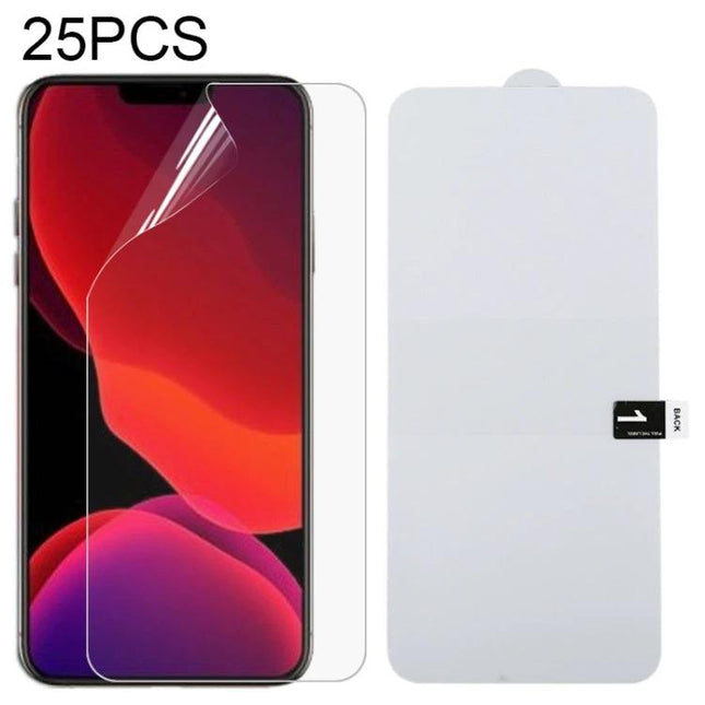 Hydrogel Screen Protector, 25 Pack for iPhone and Samsung showing clear hydrogel film on phone and backing for flat screens