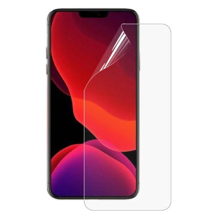 Hydrogel Screen Protector, 25 Pack for iPhone and Samsung on flat phone displaying clear protective film resisting scratches and fingerprints