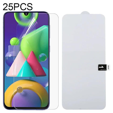 Hydrogel Screen Protector, 25 Pack for iPhone and Samsung clear flat-screen hydrogel film pack showing protector on phone and backing card