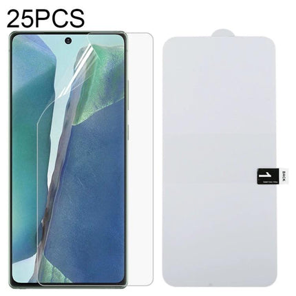 Hydrogel Screen Protector, 25 Pack for iPhone and Samsung clear hydrogel film showing one protector on phone and one backing card