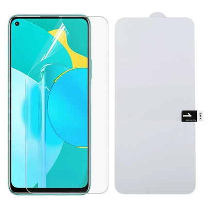 Explosion-Proof Hydrogel Screen Protector For Huawei Devices showing clear hydrogel film aligned to phone screen, anti-scratch and touch-sensitive