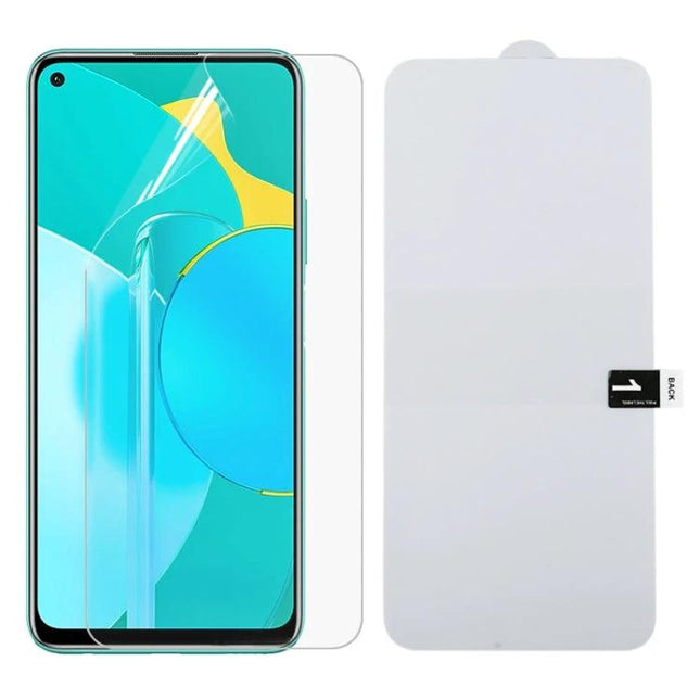 Explosion-Proof Hydrogel Screen Protector For Huawei Devices showing clear hydrogel film applied to phone, resists scratches and preserves touch sensitivity