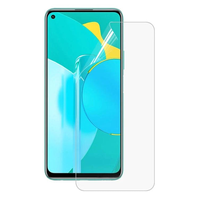 Explosion-Proof Hydrogel Screen Protector For Huawei Devices shown on Huawei smartphone, clear tempered hydrogel shielding against scratches and impacts