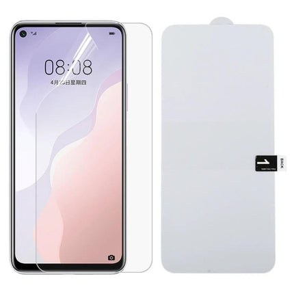 Explosion-Proof Hydrogel Screen Protector For Huawei Devices showing clear protector on phone with installation film