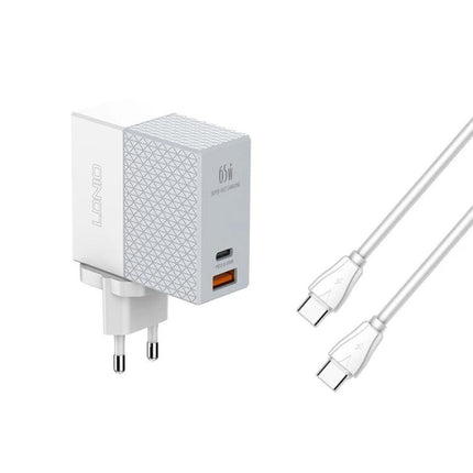 LDNIO Travel Charger for Everyday Devices and Trips compact 65W USB-C and USB-A wall charger with USB-C cables for phone, tablet, laptop