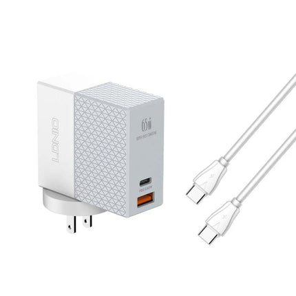 LDNIO Travel Charger for Everyday Devices and Trips — compact 65W USB‑C travel charger with dual cables for smartphone, tablet and laptop charging