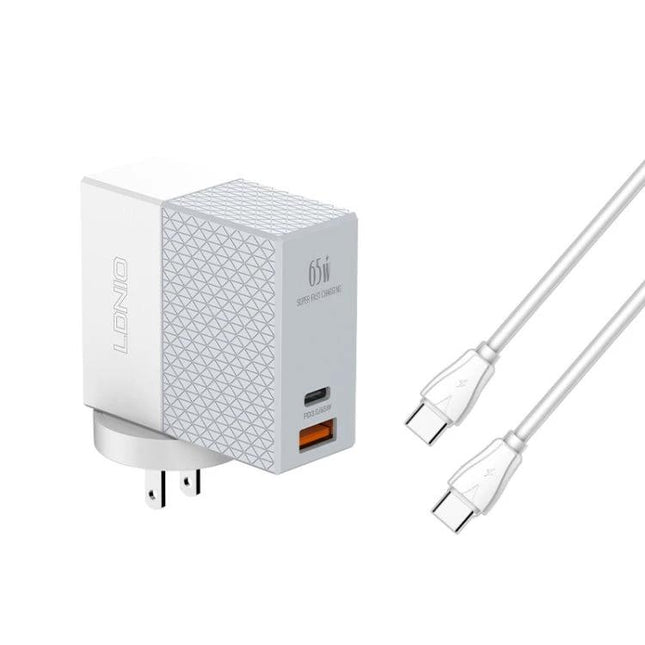 LDNIO Travel Charger for Everyday Devices and Trips — compact 65W USB‑C travel charger with dual cables for smartphone, tablet and laptop charging