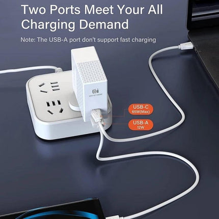 LDNIO Travel Charger for Everyday Devices and Trips showing dual-port USB-C 65W and USB-A 12W charging a laptop and phone