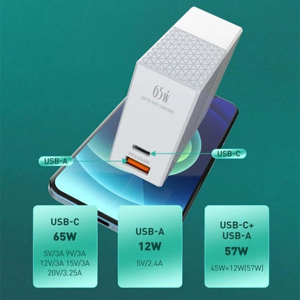 LDNIO Travel Charger for Everyday Devices and Trips white 65W USB-C and USB-A compact charger on smartphone showing 65W, 12W and combined 57W outputs