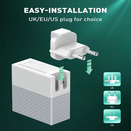 LDNIO Travel Charger for Everyday Devices and Trips showing interchangeable UK EU US plug adapter for easy installation