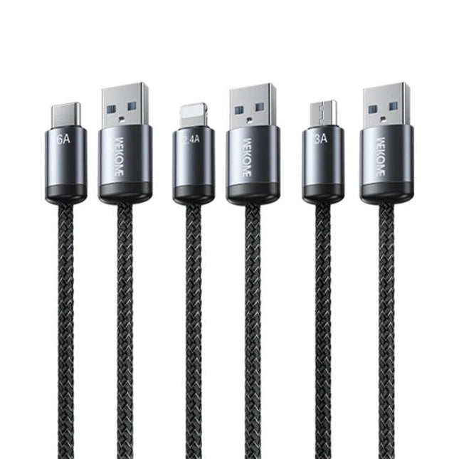 WK USB Cable for Everyday Device Charging and Data Transfer - braided 3-in-1 charging and data cable with aluminum alloy terminals