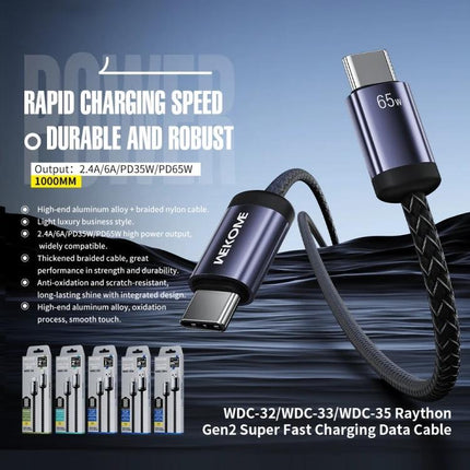 WK USB Cable for Everyday Device Charging and Data Transfer – durable 65W braided USB-C charging and data cable with aluminum alloy terminals