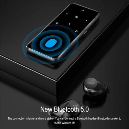 A20 MP4 Player with 2.0 Inch Color Touch Screen and Bluetooth black player shown with Bluetooth earbuds and wireless signal