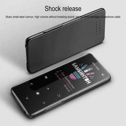 A20 MP4 Player with 2.0 Inch Color Touch Screen and Bluetooth showing front touch display and rear speaker, compact portable music player