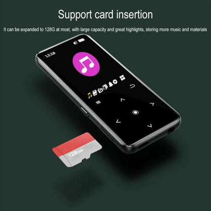 A20 MP4 Player with 2.0 Inch Color Touch Screen and Bluetooth showing touch screen interface and 128GB microSD card slot