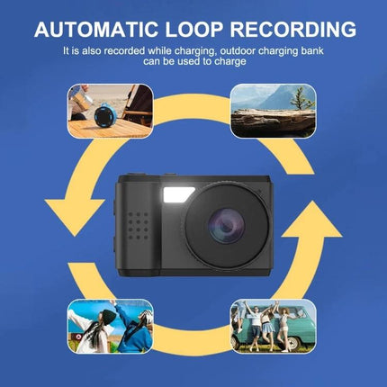 Portable Mini HD Screen Camera for Everyday Photography showing compact camera with automatic loop recording icon and outdoor snapshots