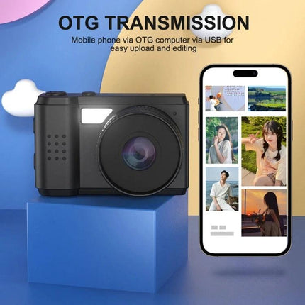 Portable Mini HD Screen Camera for Everyday Photography showing compact camera beside smartphone with OTG transmission and photo gallery