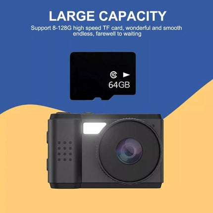 Portable Mini HD Screen Camera for Everyday Photography shown with 64GB TF card and large capacity text