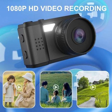 Portable Mini HD Screen Camera for Everyday Photography showcasing compact 1080P camera with examples of family, travel, and landscape shots
