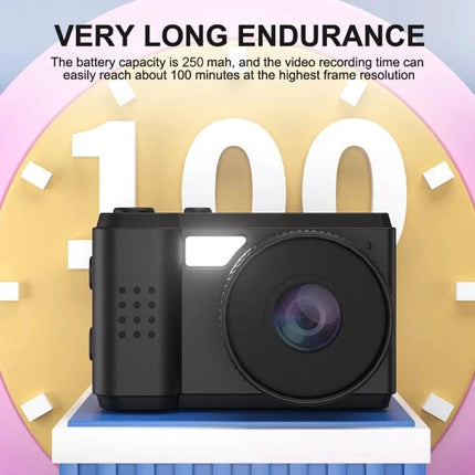 Portable Mini HD Screen Camera for Everyday Photography showing compact black camera with lens and 100-minute endurance badge