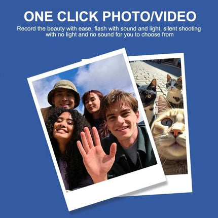 Portable Mini HD Screen Camera for Everyday Photography showing friends taking a selfie and pet photos with one-click photo/video feature