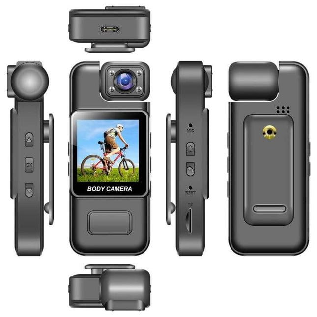 Versatile Travel Recorder with Adjustable Lens for Daily Adventures compact 4K body camera showing front, side and back views