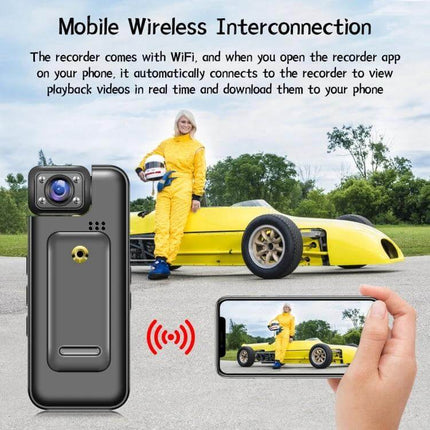 Versatile Travel Recorder with Adjustable Lens for Daily Adventures showing WiFi mobile streaming of racer next to yellow car and phone view