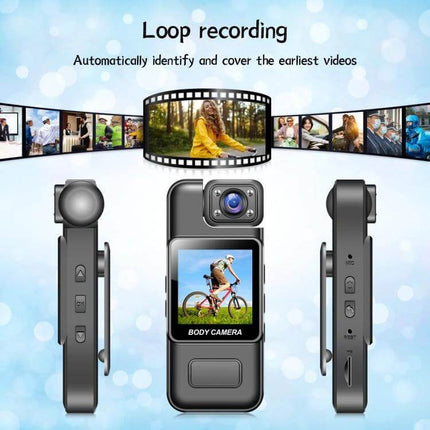 Versatile Travel Recorder with Adjustable Lens for Daily Adventures body camera showing adjustable lens, loop recording and 4K display